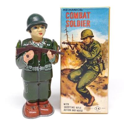 T.N. Japan Wind-Up Tin Combat Soldier Toy w/ Box
