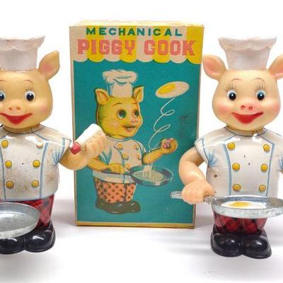 2 Japan Wind-up Piggy Cook Toys w/ 1 Box