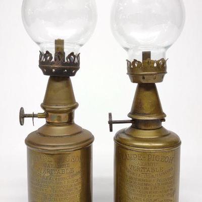 2 19th C. French Brass Pigeon Lamps