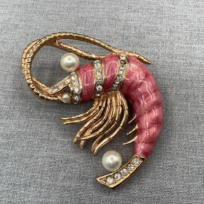 Enameled shrimp brooch