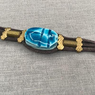 Egyptian Revival Faience Scarab Bracelet With Leather Cord And Brass Accents