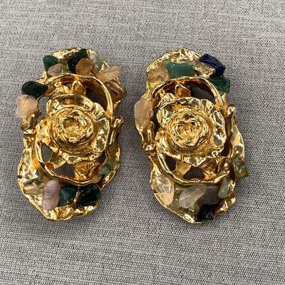 Gold Toned Rose Earrings With Polished Stones Around Perimeter, Unique