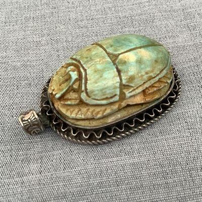 Vintage Egyptian Revival Carved Scarab Pendant 