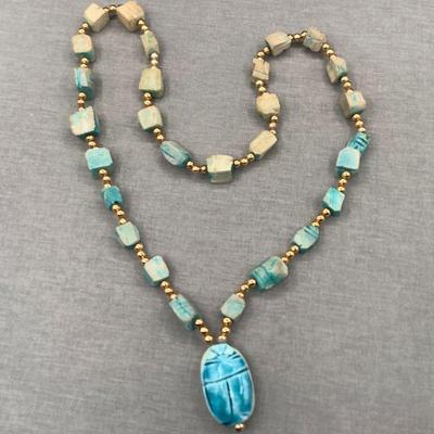 Vintage Egyptian Revival Faience Ceramic Scarab Nugget Beaded Pendant Necklace