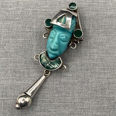 925 Sterling Silver Pin Or Pendant Mexico Signed, Carved Turquoise Warrior Head 