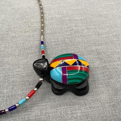 925 Silver Necklace- Southwestern Influence Turtle Pendant With Geometric Shape Inlay Shell With Silver Edges