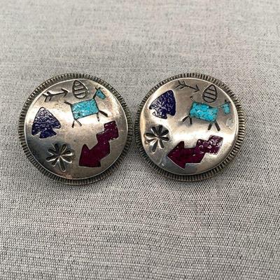 Signed Sterling Silver Inlaid Earrings, Southwestern Design With Semiprecious Stones