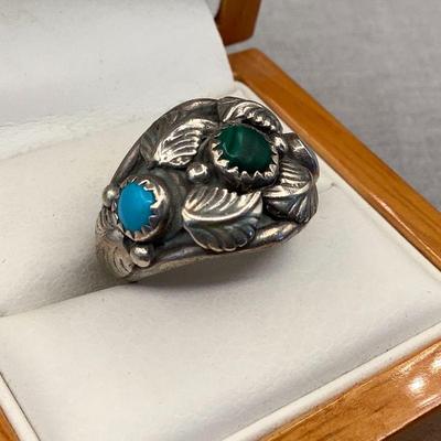 Authentic Signed Richard Begay Navajo Sterling Silver Ring With Turquoise And Malachite