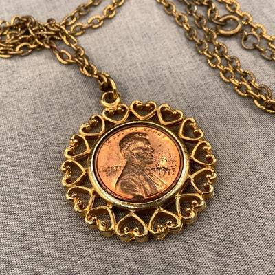 Signed penny with heart bezel necklace