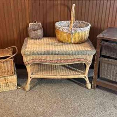 Eclectic Wicker Basket Collection And Coffee Table With Storage Rack
