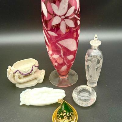 Cranberry Glass Vase, Venetian Pin Dish & More Vintage Glass
