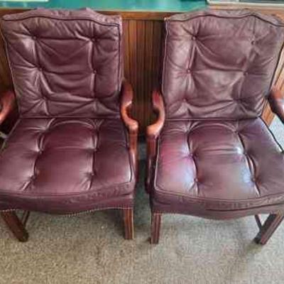 (2) Burgundy Leather Chairs With Nailhead Trim
