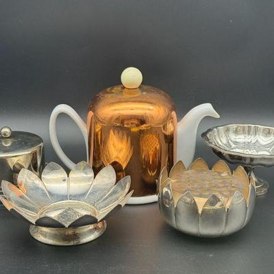 Copper Covered Teapot & More Metal Dishes
