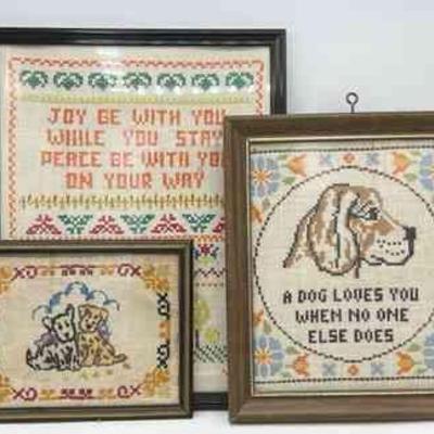(3) Framed Embroidery Pieces: Joy, Peace & Dogs
