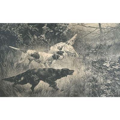 “STEADY” HUNTING DOGS LITHOGRAPH | w. 25.5 x h. 19 in (frame)
