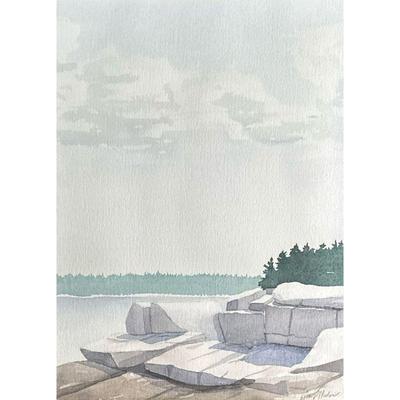 SIGNED LAKESIDE WATERCOLOR PAINTING | Watercolor painting showing rocky shore of a late with forest in background, signed lower right...