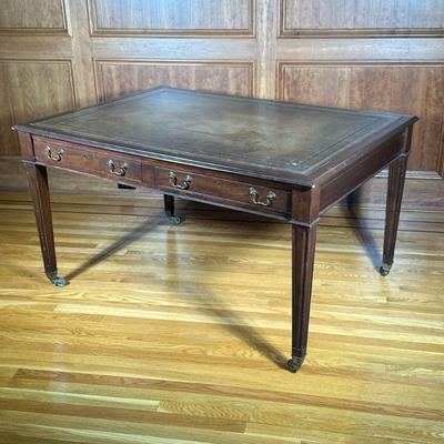 ANTIQE ENGLISH LIBRARY DESK | Tooled gilt leather inset top, two drawers