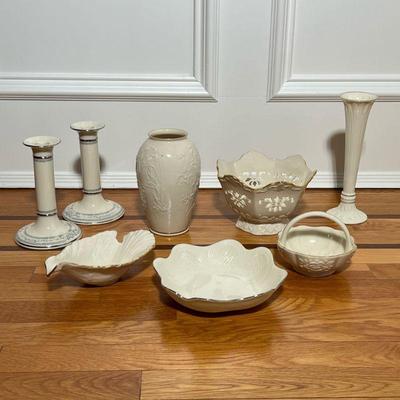 (8PC) LENOX CERAMICS | Includes: pair of candlesticks, bud vase, small basket with handle small fruit basket, leaf shaped bowl, and...