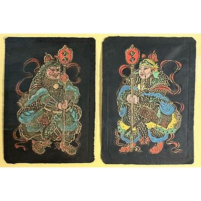 CHINESE EMBOSSED PAINTED SILK FIGURES | Floating in the frame 11 x 8 in., each sheet