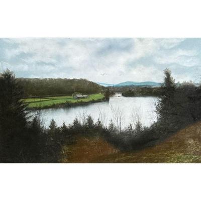 EDWARD T. GIBBS FRAMED PASTEL | Farm by a river 13 x 21 in sight Pastel on paper Signed lower right “ET Gibbs” in carved wood frame