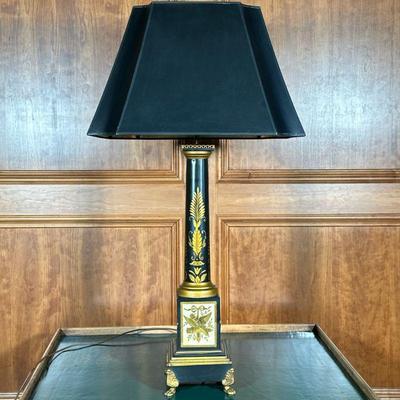 ANTIQUE PAINTED METAL LAMP | Painted metal pedestal lamp decorated with gold torches & wreaths