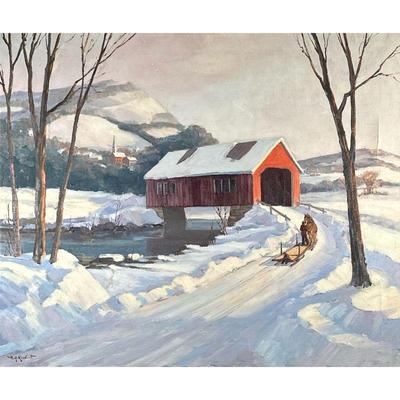 HAROLD RUNDLETT OIL PAINTING | Winter Bridge 24.5 x 29.5in sight Oil on canvas Signed “H.G. Rundlett” lower left