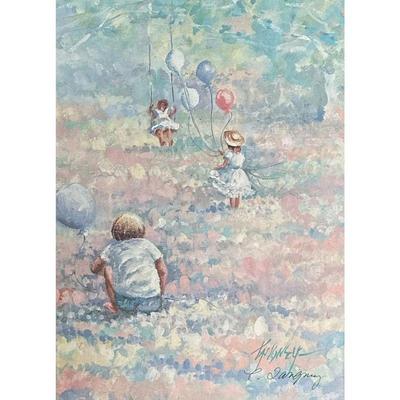 SIGNED & FRAMED PRINT | Colorful print showing children with balloons playing & swinging on a swing, signed & dated lower right, 15 x...