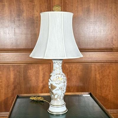 ANTIQUE CERAMIC LAMP | Antique white vase lamp decorated with gilt flowering tree and birds