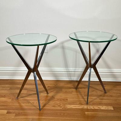 (2PC) PAIR GLASS SIDE TABLES | Pair of circular glass nightstands with metal tripod legs