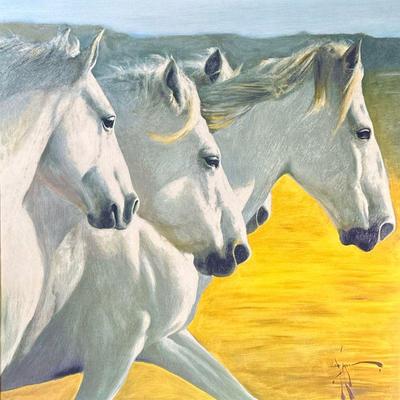 SIGNED HORSE OIL PAINTING | Showing close up of horses galloping in a field, signed bottom right, 25.5 x 25.5 in sight