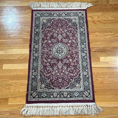 SMALL RED RUG | Small area rug with burgundy backing and cream floral designs and center medallion