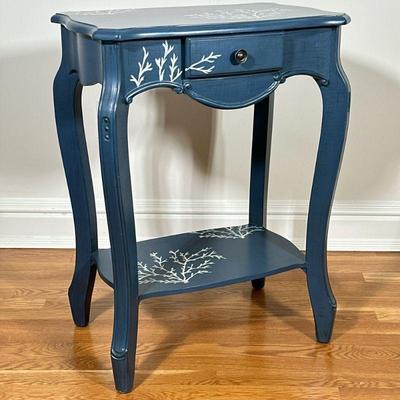 BLUE PAINTED SIDE TABLE | Carved & painted wood side table with small drawer over carved legs, painted blue and decorated with white...