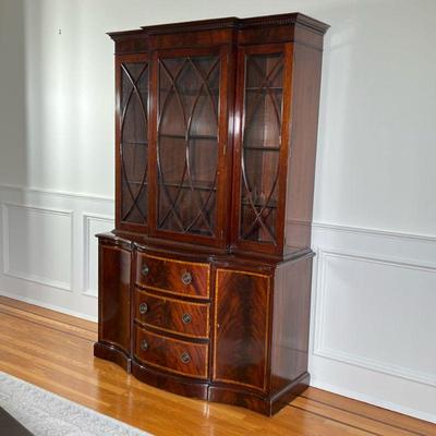 HATHAWAYS MAHOGANY HUTCH | Carved wood top over breakfront glass display with 4 shelves raised over 3 drawers flanked by 2 shelf cabinets...