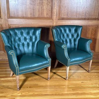 PAIR TUFTED GREEN LEATHER LIBRARY CHAIRS | Recent green leather upholstery with brass tacks on antique frames