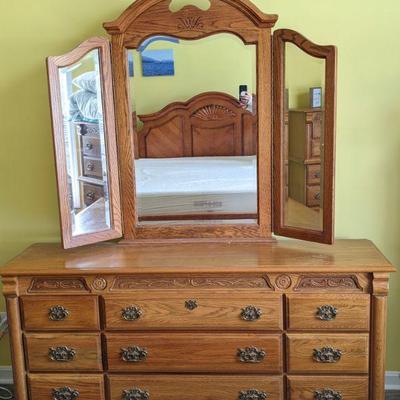 Long dresser with trifold mirror 