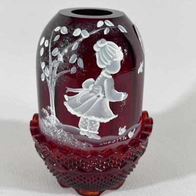 Fenton Hand Painted Ruby Red Glass Fairy Light