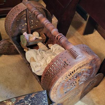 Charming Antique carved European carrying cradle with antique dolls!