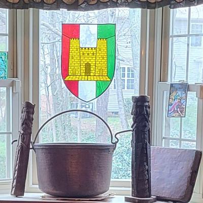 Italian stained glass shield, AMAZING antique copper cauldron, copper pan, carved icons!