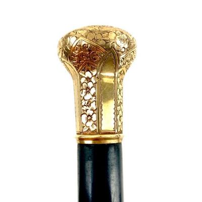 #27 â€¢ Victorian 14k Gold Plated Ebony Wood Capped Presentation Cane with Monogram
