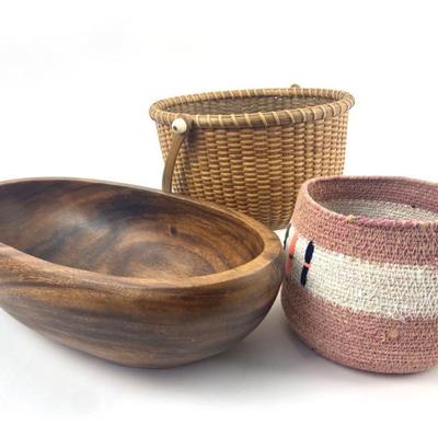 #25 â€¢ Pacific Merchants Acaciaware Wood Bowl, Woven Fabric Basket & Wood Base Woven Basket

