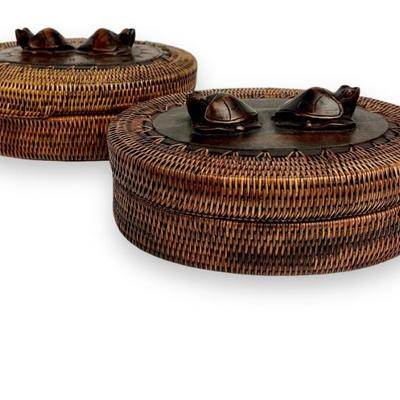 #50 â€¢ Pair of Indonesian Lombok Woven Wood Baskets with Carved Turtle Figurines on Lids
