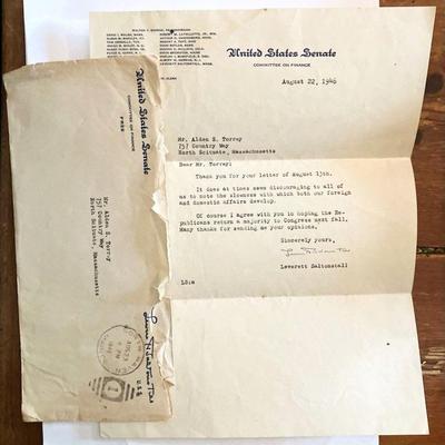 1946 U.S. Senate Letter signed Leverett Saltonstall
