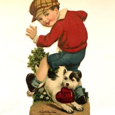 Antique German Valentine Boy with Dog
