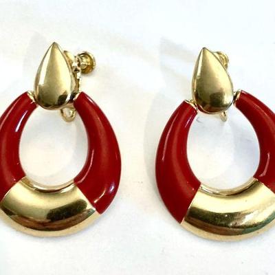 Gold tone and Red Earrings
