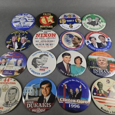 Lot 13 | Vintage & Contemporary Large Pinback Buttons.  Some names include Reagan, Bush, Dukakis, Trump, Carter, JFK & others. 