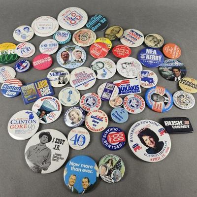Lot 10 | 50 Vintage & Contemporary Political Pins & More! Some names include Dukakis, Bush, Quayle, Clinton, Gore and others