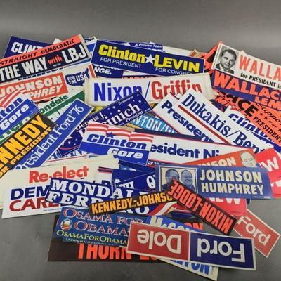 Lot 95 | Vintage & Contemporary Political Stickers. Names include Nixon, Kennedy, Ford, Dukakis, LBJ, Wallace, Clinton, Gore, Obama and...