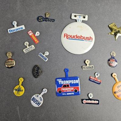 Lot 47 | 17 Vintage Political Tab Pins. Some names include Roosevelt, Fitzgerald, Reagan, Swainson, Roudebush, Bush, Thompson and others