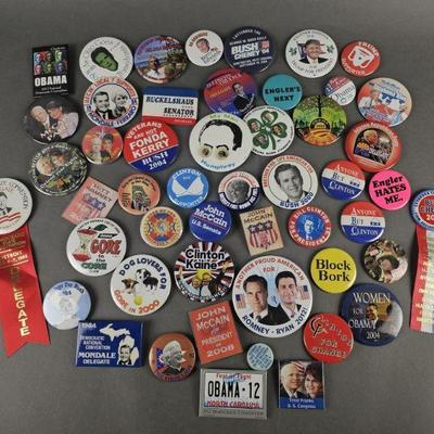 Lot 87 | 50 Vintage & Contemporary Pinback Buttons. Some names include Bush, Mondale, Clinton, Gore, McCain, Obama, Trump and others.