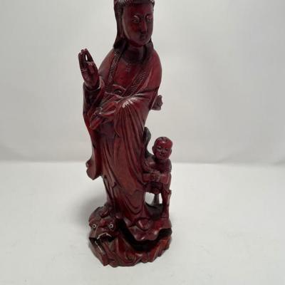 Antique wood carved Quan Yon Goddess of Mercy w child & dragon -$35